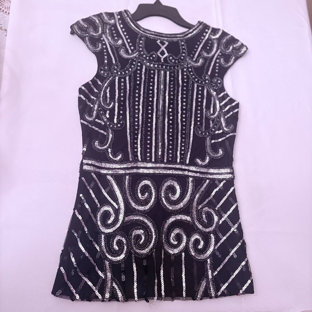 Flapper Gatsby 20's vintage style black silver sequin knit top, size S